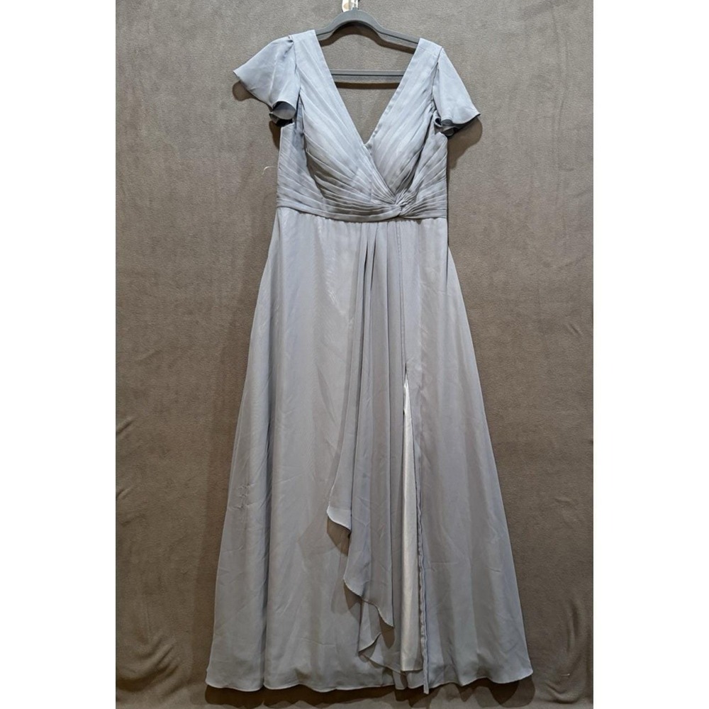Lavetir Dusty Blue Chiffon Maxi Dress Corset Back Flutter Sleeve Slit Size 14